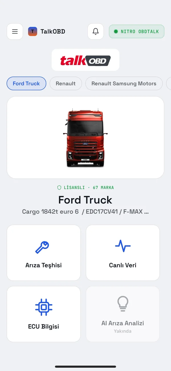 talkOBD ana ekranı: seçili araç Ford Truck ve Arıza Teşhisi, Canlı Veri, ECU Bilgisi kısayolları