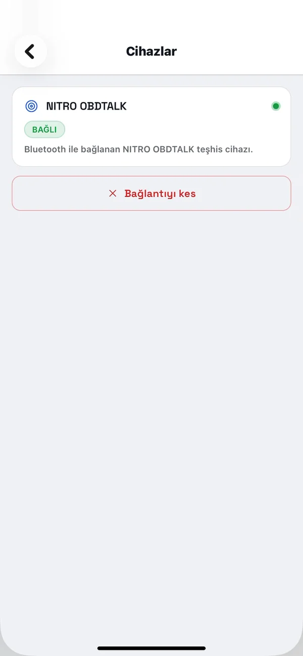 Cihazlar ekranı: NITRO OBDTALK cihazı Bluetooth ile bağlı