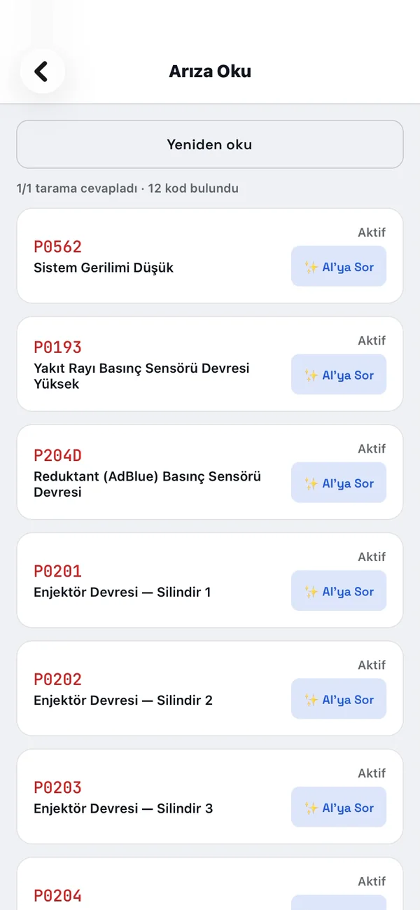 Arıza Oku ekranı: bulunan arıza kodları ve AI'ya Sor düğmeleri