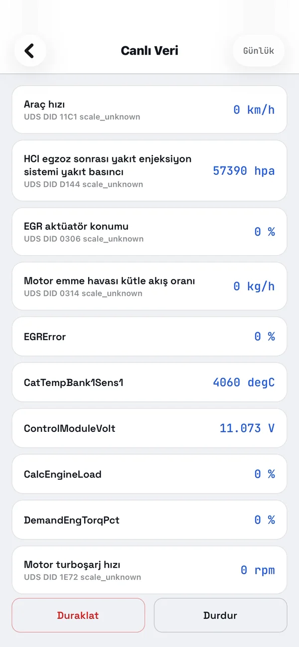 Canlı Veri ekranı: motor parametreleri ve anlık değerleri