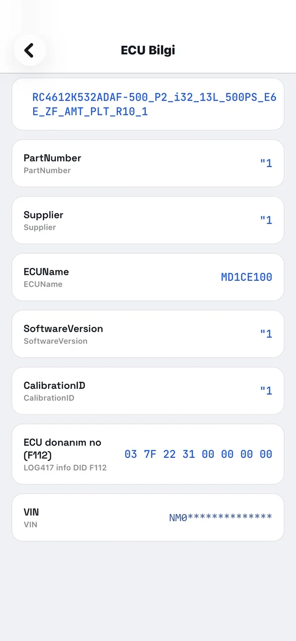 ECU Bilgi ekranı: ECU adı MD1CE100, yazılım ve donanım bilgileri