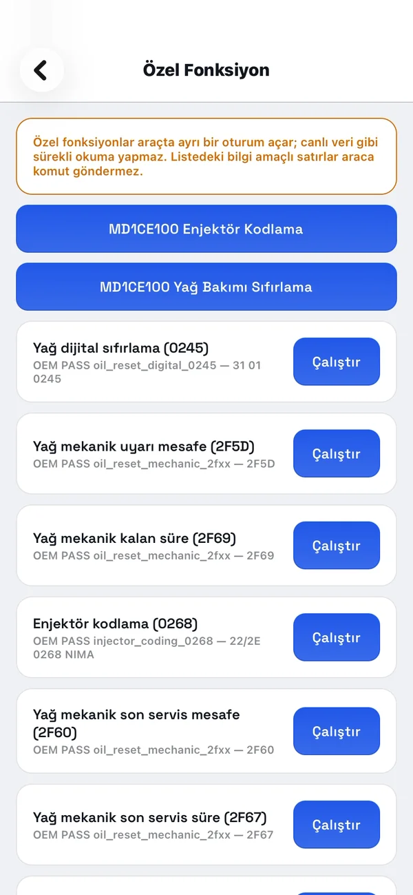 Özel Fonksiyon ekranı: MD1CE100 Enjektör Kodlama ve Yağ Bakımı Sıfırlama