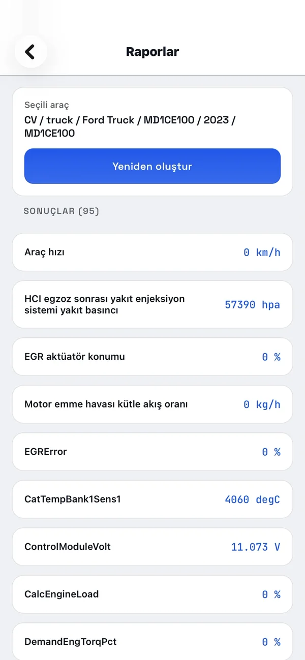Raporlar ekranı: seçili araç için oluşturulan rapor sonuçları
